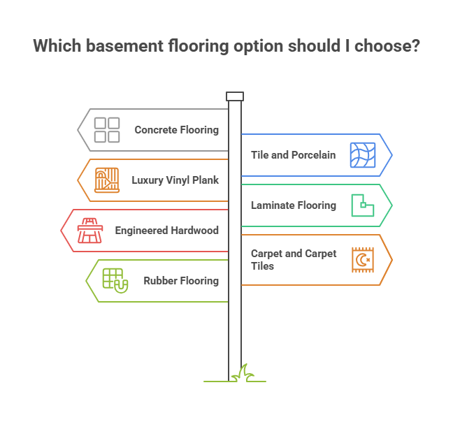 A signpost graphic showing various basement flooring options: Concrete Flooring, Luxury Vinyl Plank, Engineered Hardwood, Rubber Flooring, Tile and Porcelain, Laminate Flooring, and Carpet and Carpet Tiles.