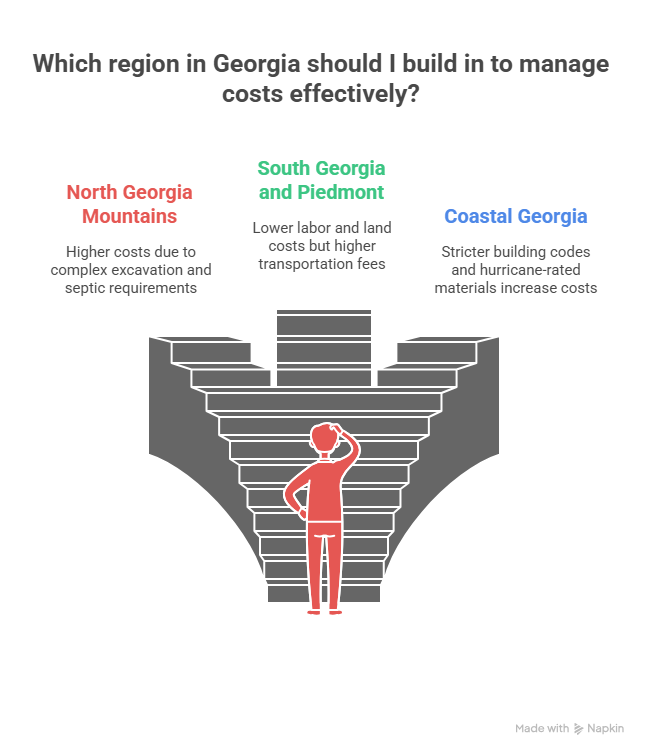 An infographic for finding affordable home builders in Georgia titled "Add long-term value through smart basement design," comparing the pros of house plans with basement foundations, such as expanded living space and increased home value, against the cons of houses without basements, which include limited space and higher energy costs.