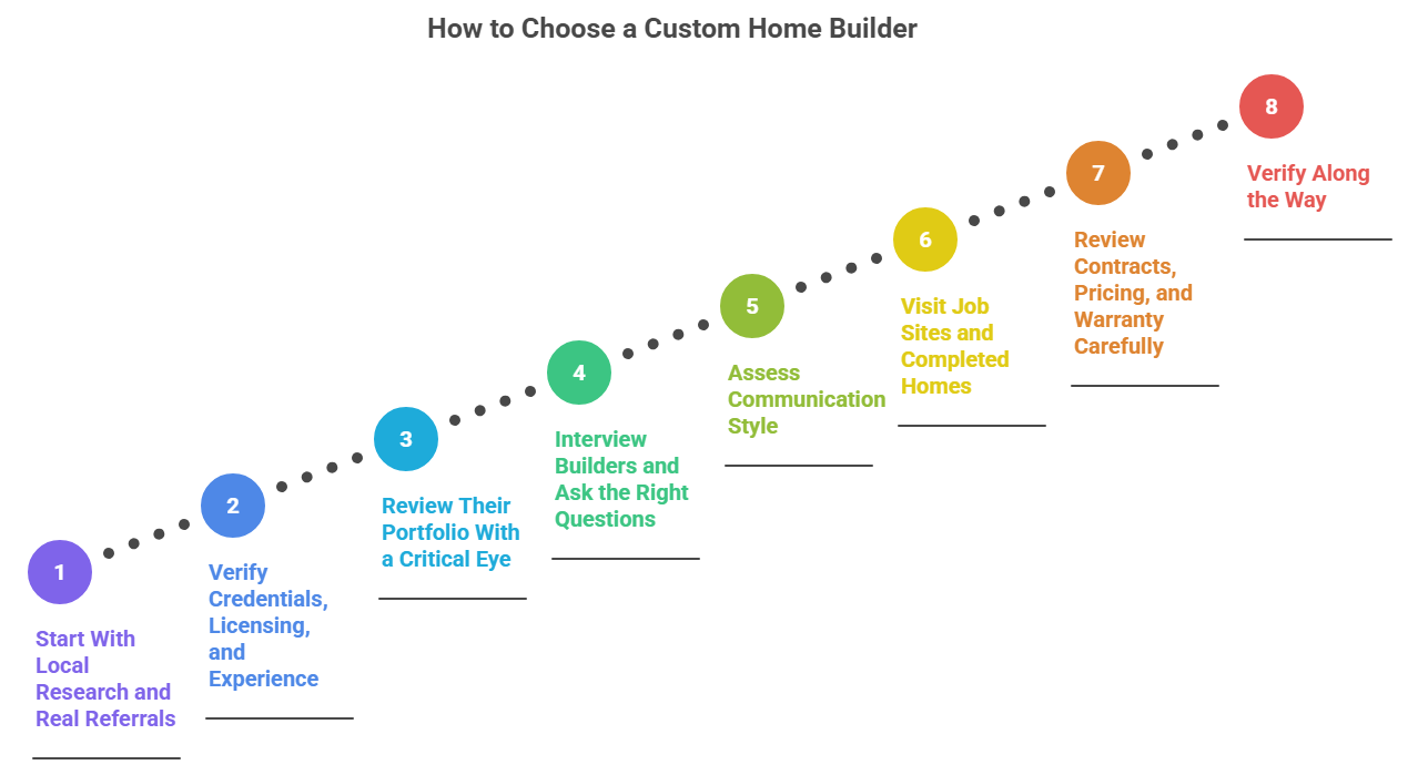 This image discusses the 8 steps that you can follow when determining how to choose a custom home builder.