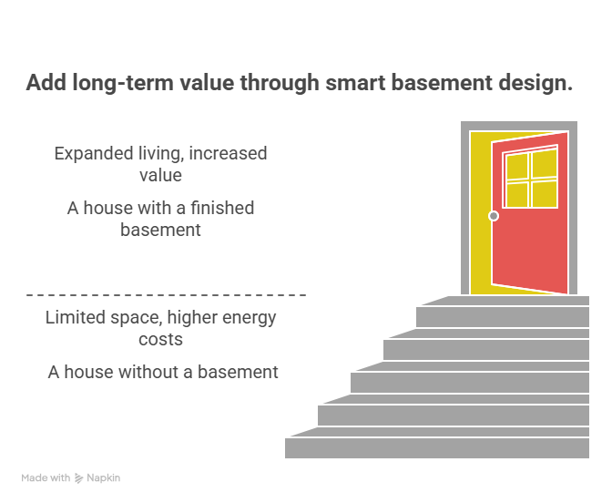 An illustration titled "Add long-term value through smart basement design" comparing house plans with basement to those without. Above a dashed line, it notes expanded living and increased value for a house with a finished basement; below the line, it lists limited space and higher energy costs for a house without a basement. To the right, grey stairs lead up to an open red door.