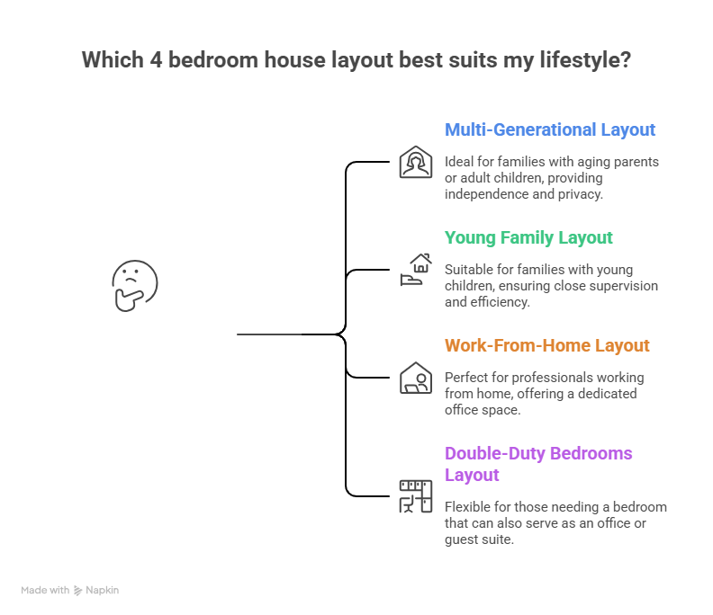 An infographic for selecting a 4 bedroom house layout based on lifestyle, featuring options for multi-generational families, young families, professionals working from home, and those needing flexible guest or office spaces.